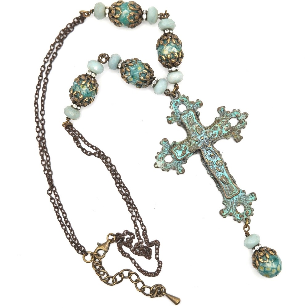 Verdigris‎ Patina Cross Pendant Necklace Beaded Bohemian Spiritual Jewelry